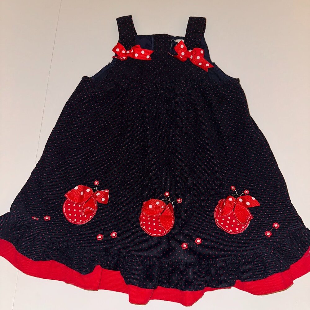 Rare, Too! Navy Corduroy Ladybug Dress Girls Size 4T Polka Dots Applique Ribbon